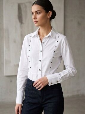 FEMME FATALE Studded Button Down White V Neck Long Sleeve Blouse Size Small